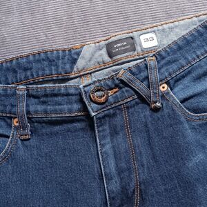 Volcom Vorta Jeans Mens 33 Blue Denim Slim Straight Leg Button Skater (*34x31)